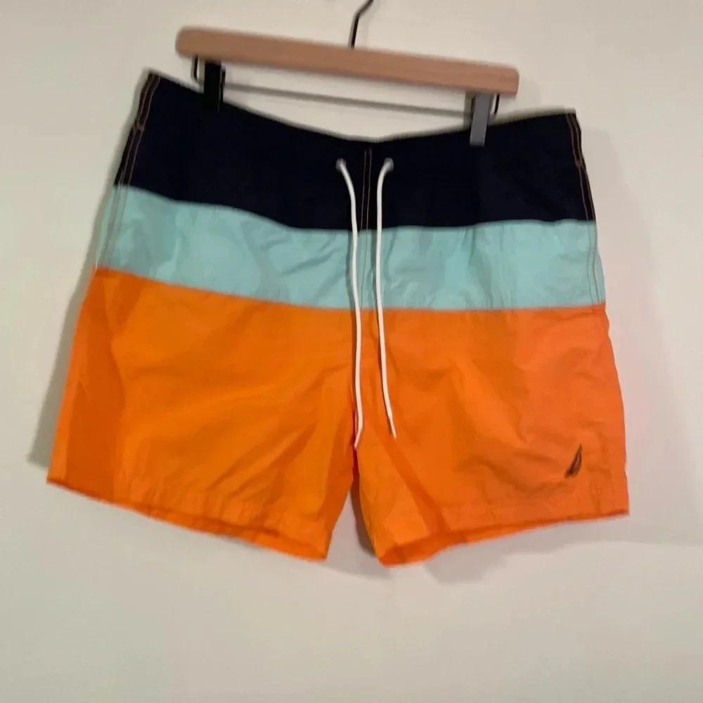 Nautica Blue & Orange Colorblocked Swim Trunks, Size XL
